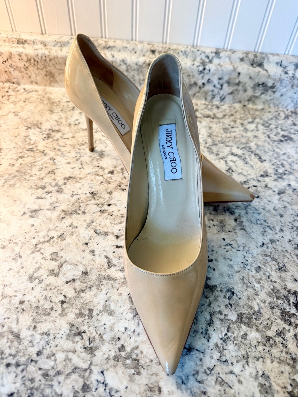 Jimmy Choo Iconic Nude Patent Leather Pointed-Toe Stiletto Pump Heels Classic